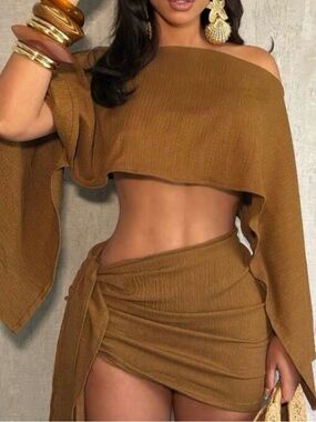Rust Brown Two-Piece Crop Top & Skirt Set